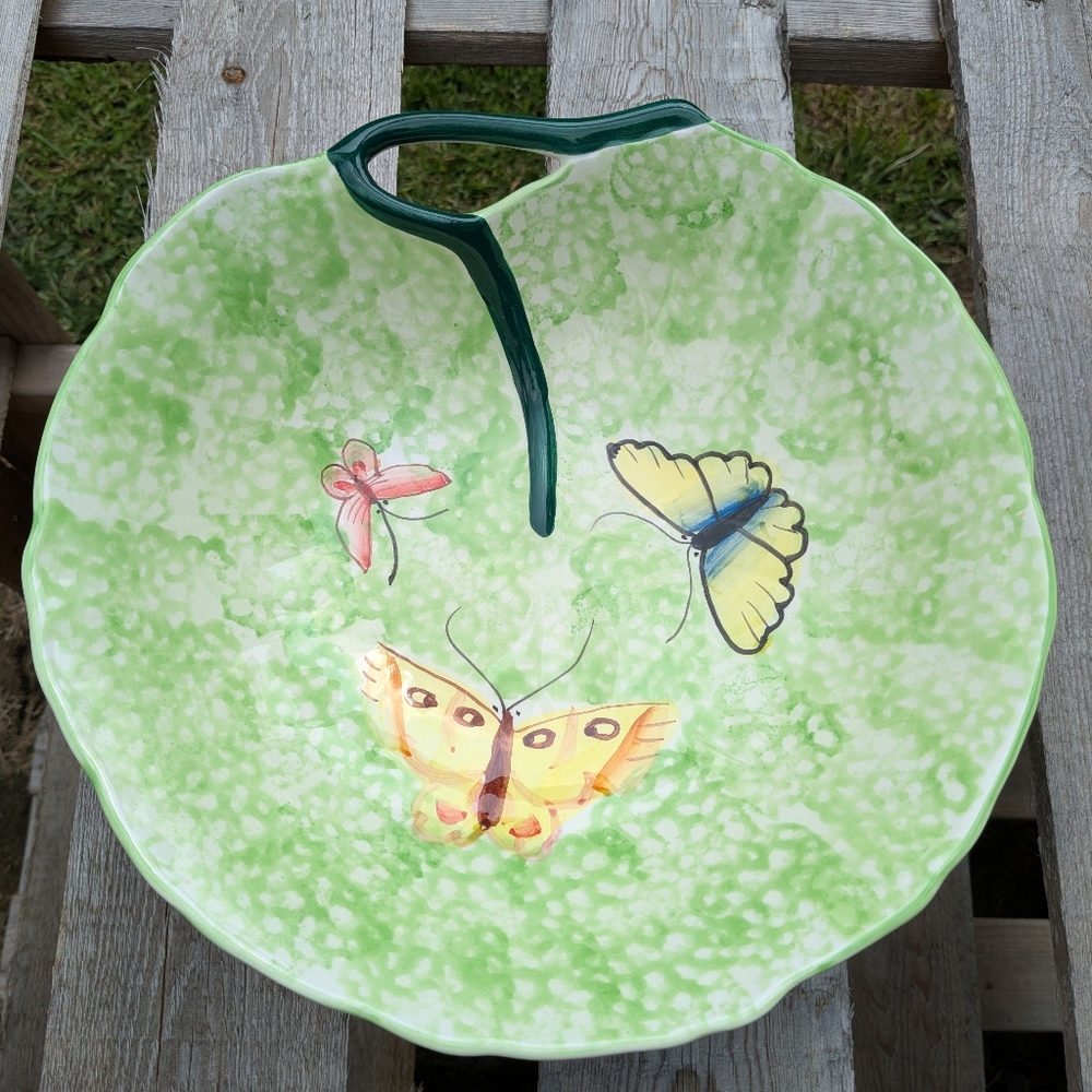 Butterfly Bowl With Handle Butterflies Trinket Dish Bowl Rare Find 10" X 11"